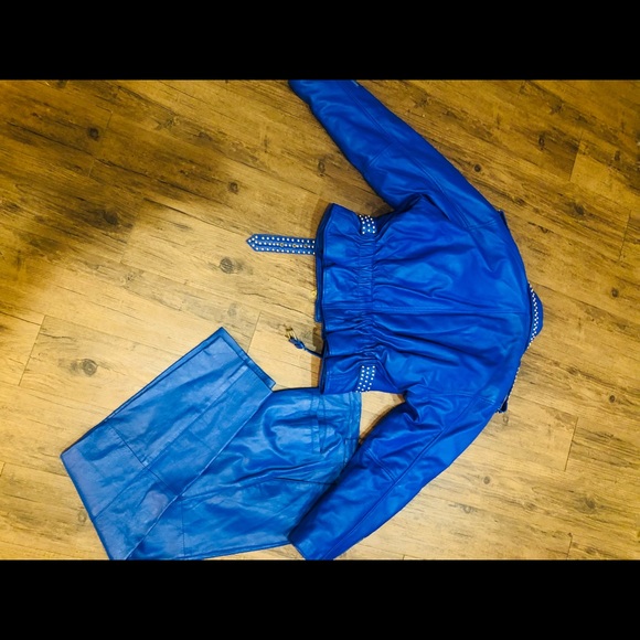Manart Vintage Blue Leather Jacket and Pant Set! Size Large Jacket Size 10 Pant - Picture 9 of 14